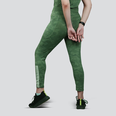 Women's Camo Workout Pants, High-Waisted Stretchable Yoga Leggings - Lime Green