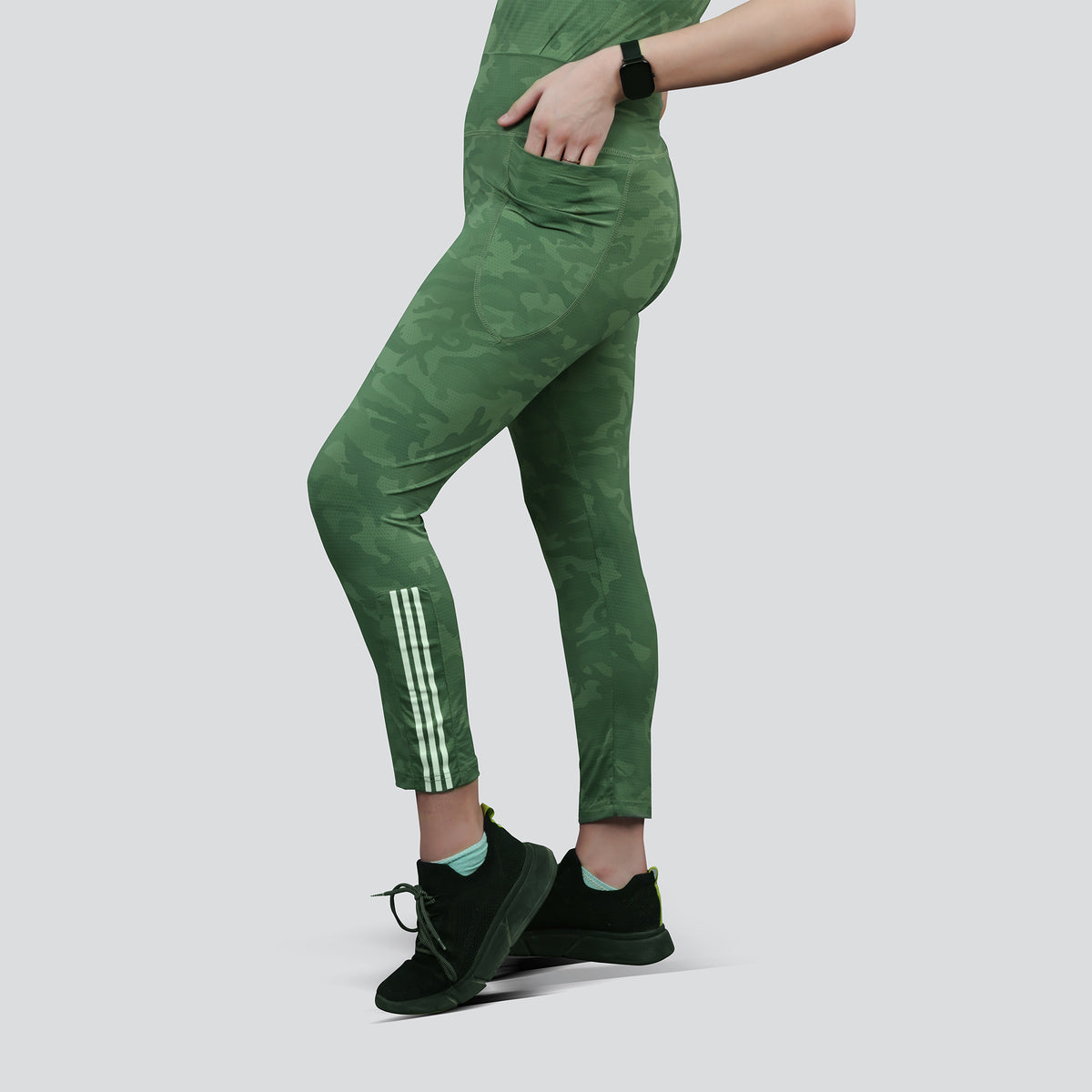 Women's Camo Workout Pants, High-Waisted Stretchable Yoga Leggings - Lime Green