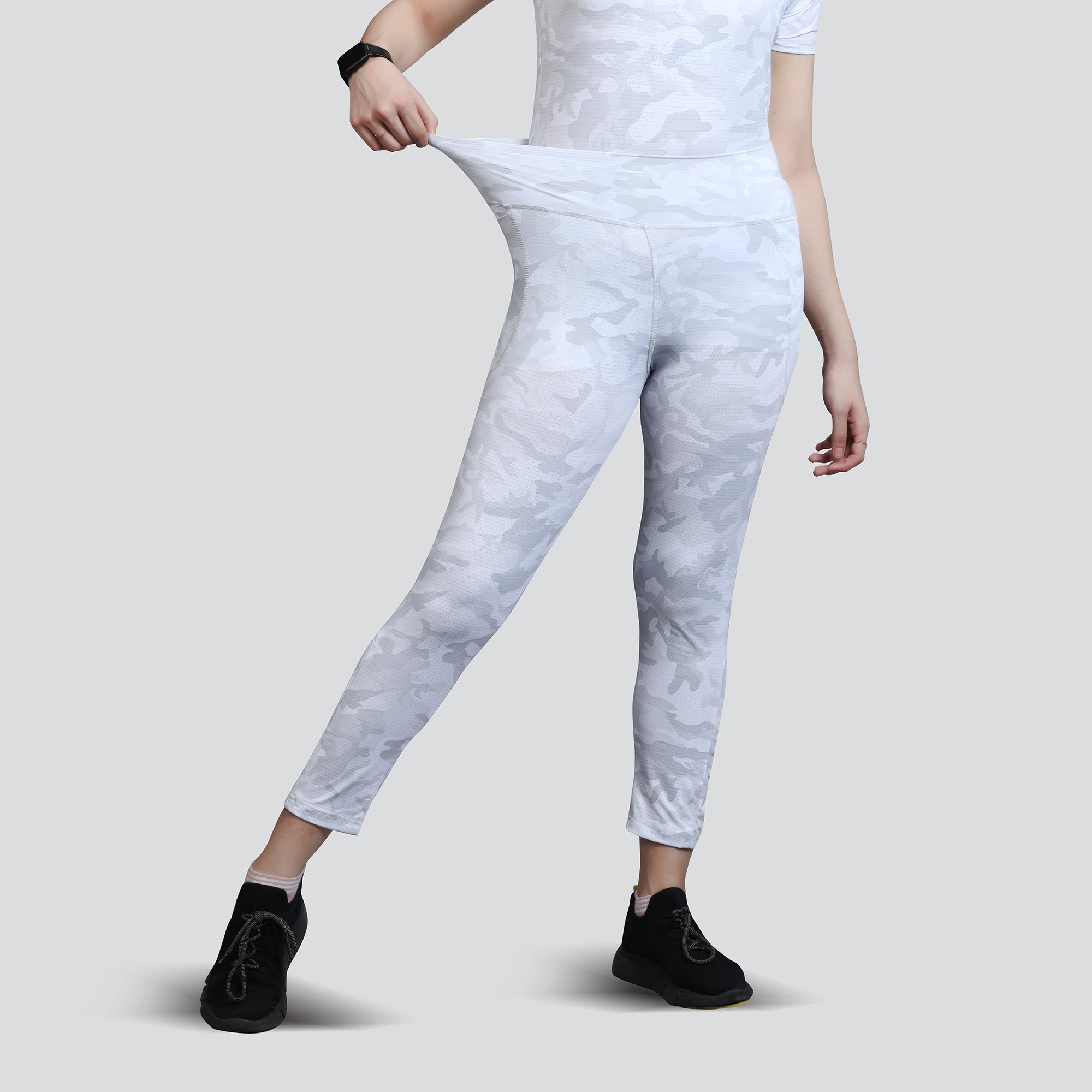 Women's Camo Workout Pants, High-Waisted Stretchable Yoga Leggings - White